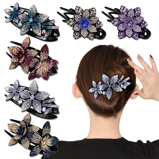 6 Pack Rhinestone Double Flower Hair Clip for Women Girls, Crystal Duckbill Clip Hairpin with Teeth Non-Slip Women Elegant Hair Dovetail Clips