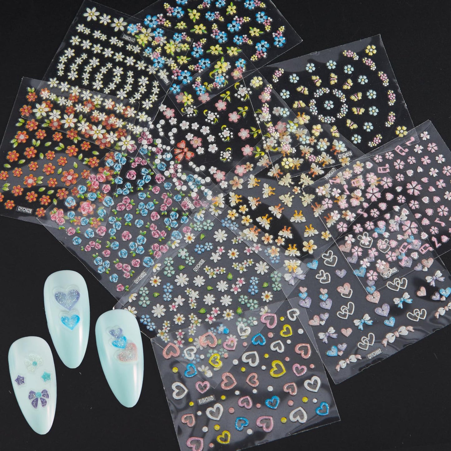 WOKOTO 50Pcs Self-Adhesive 3D Flower Nail Stickers Flower Nail Decals for Women Girls Kids Nail Art Floral Sticker Sheets with Tweezers