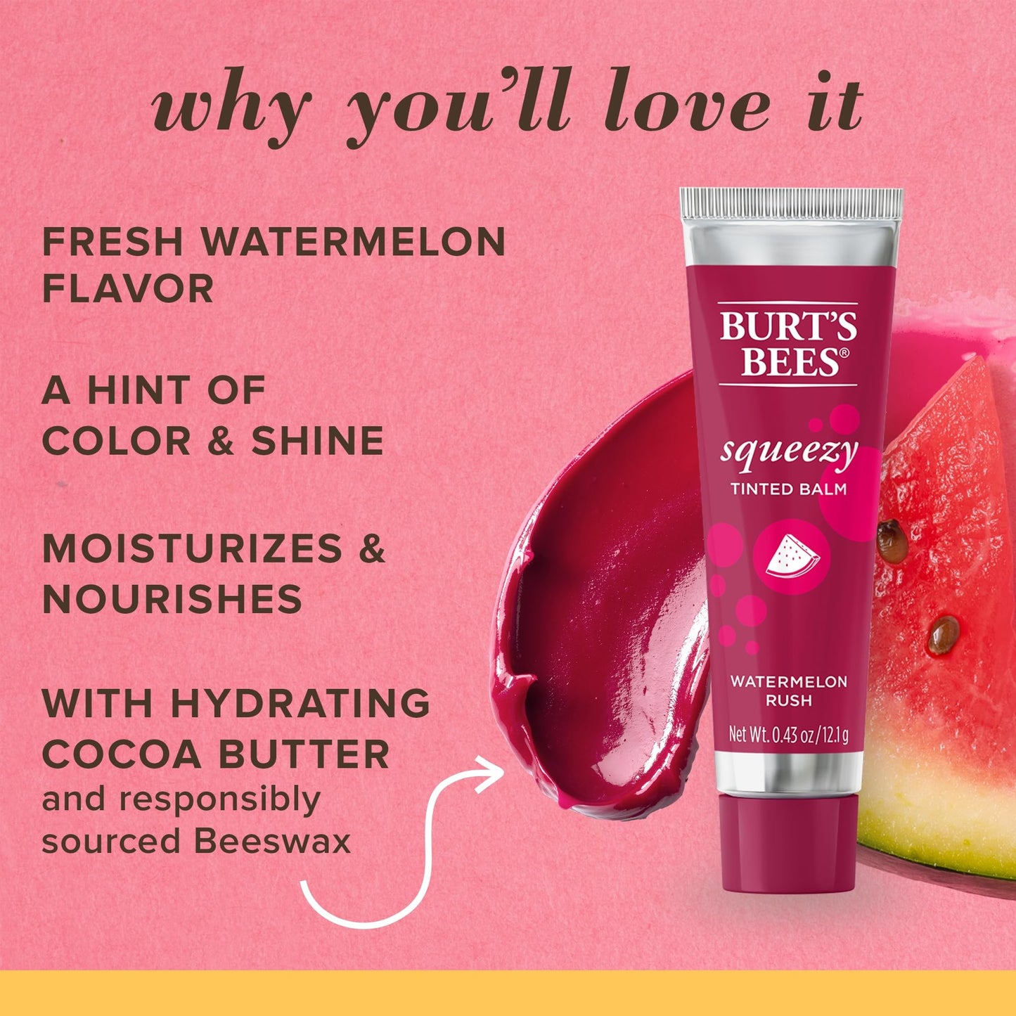 Burts Bees, Squeezy Tinted Lip Balm - Watermelon Rush, 0.43 Ounce