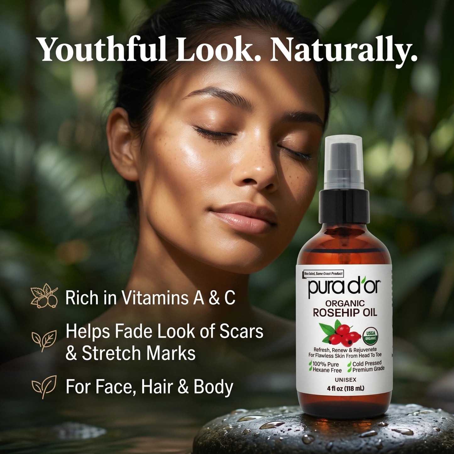 PURA D'OR ORGANIC Rosehip Seed Oil 100% Pure Cold Pressed USDA Certified For Hair, Skin, Scalp, Anti Aging Face & Body - Hexane Free Glass Bottle - 4 Beauty and Personal Care PURA D'OR