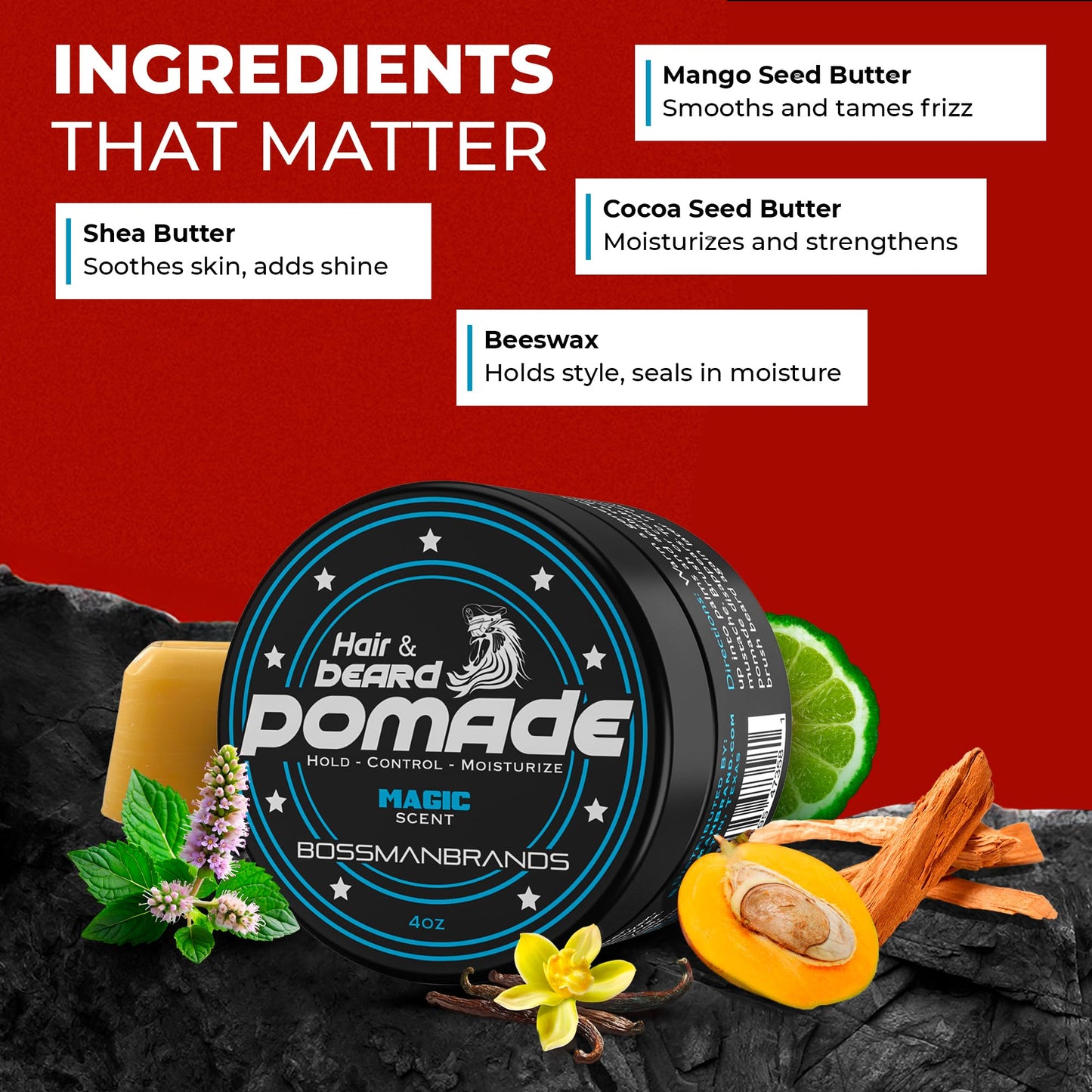 Bossman Hair & Beard Pomade for Men (Magic Scent) - Medium Hold & Moisturizing for Hair, Beard & Mustache Styling - Made in USA