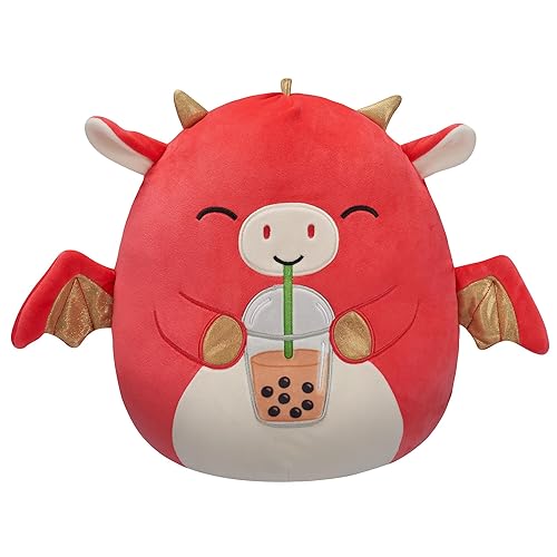 Squishmallows Original 12-Inch Baiden Red Dragon with Boba Drink - Official Jazwares Plush (Medium-Sized)