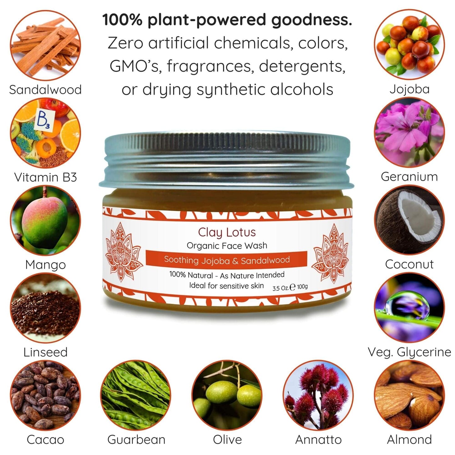 Clay Lotus Organic Face Wash – Gentle Cleanser with Jojoba & Sandalwood, 100% Natural, Hydrating & Brightening, Vegan Formula for Sensitive Skin