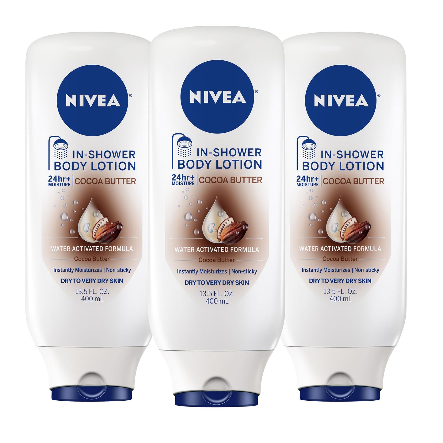 NIVEA Cocoa Butter In Shower Lotion, Water Activated In Shower Moisturizer for Dry Skin to Very Dry Skin, 13.5 FL OZ, Pack of 3