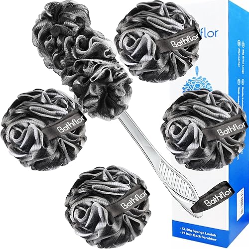 Bathflor Loofah Sponge Exfoliating Body Scrubber: 4PCS Extra Large 80g Shower Loofahs Poufs, 1PCS Long Handle Loofa Back Scrubber, 1PCS Luffa Hook