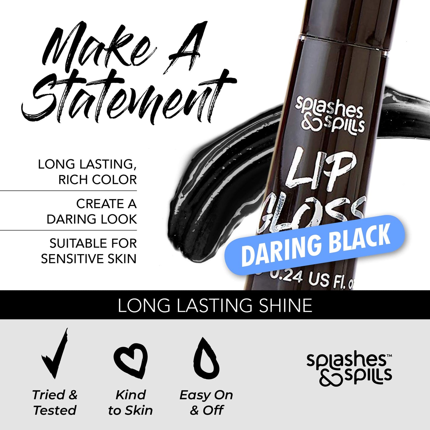 Luxurious Black Lip Gloss - Vibrant Color with Full Coverage and Shiny Finish, Moisturizing Formula Nourishes Lips - 2 Pack - by Splashes & Spills