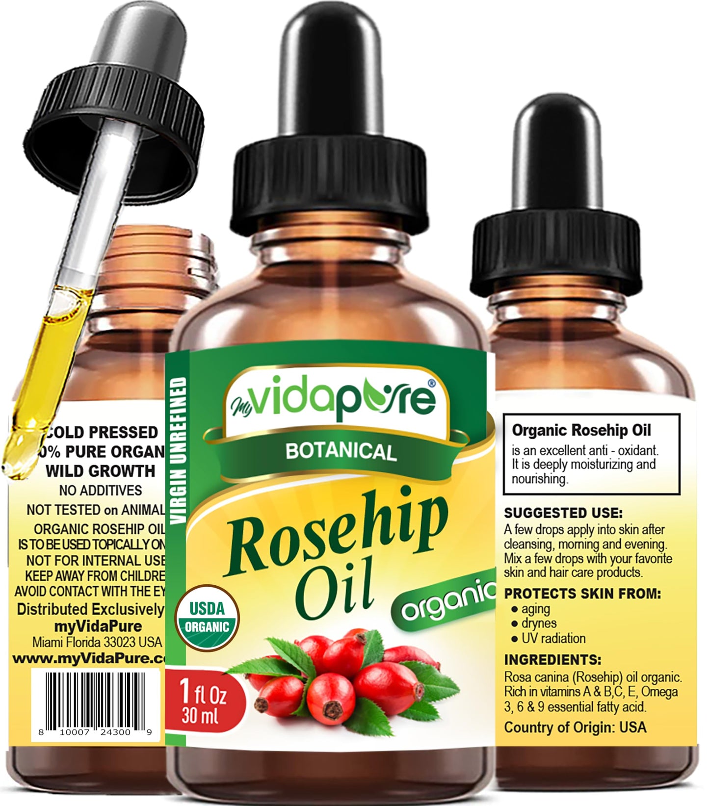 MYVIDAPURE Organic ROSEHIP OIL Certified Organic WILD GROWTH RAW Pure VIRGIN UNREFINED for Face, Body, Hair and Lip Care (1 Fl Oz)