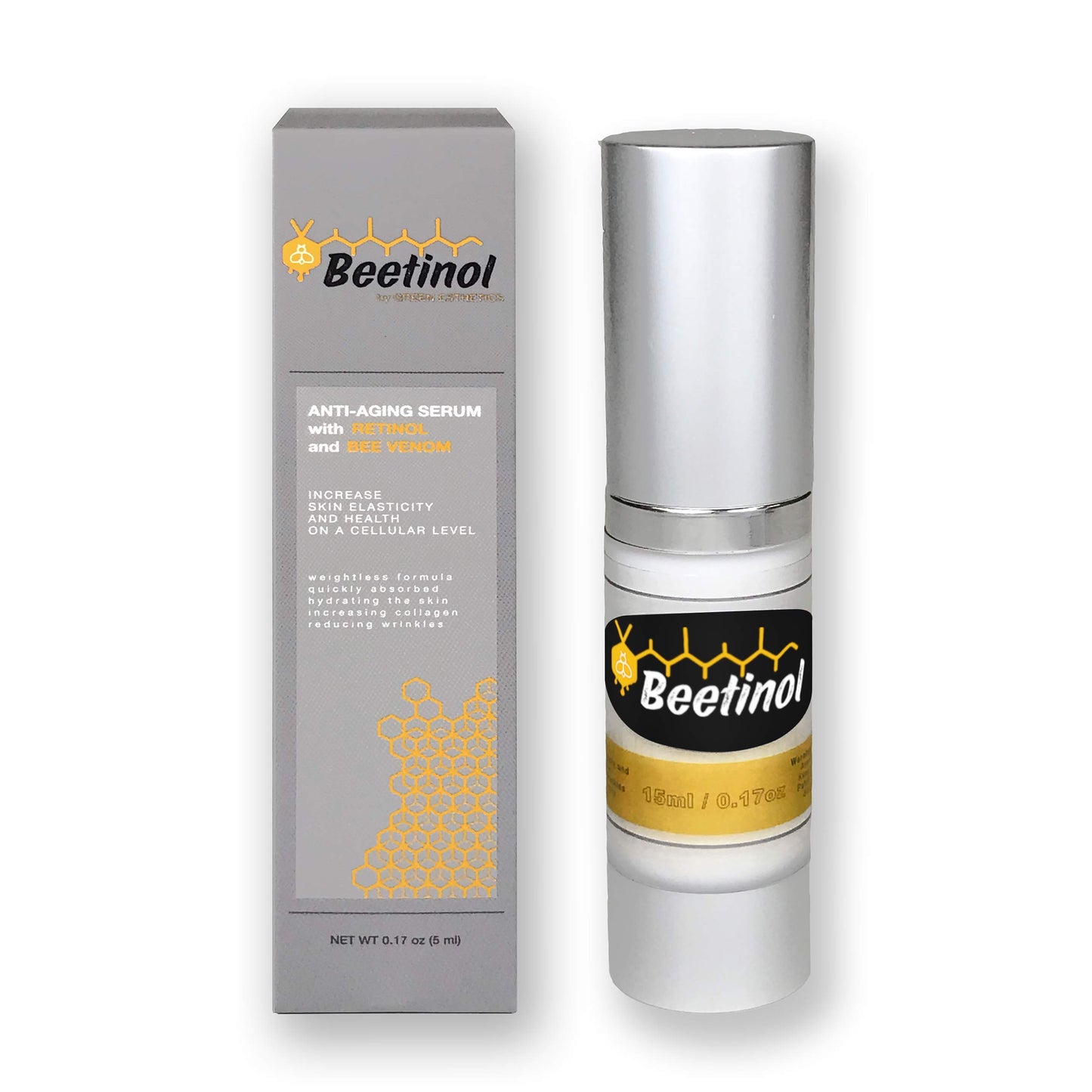 2 Beetinols Anti aging serums (15ml bottle & 5ml Roller Ball applicator) - Day/Night Eye & Face Serum : Bee Venom, Retinol, Peptides, Hyaluronic