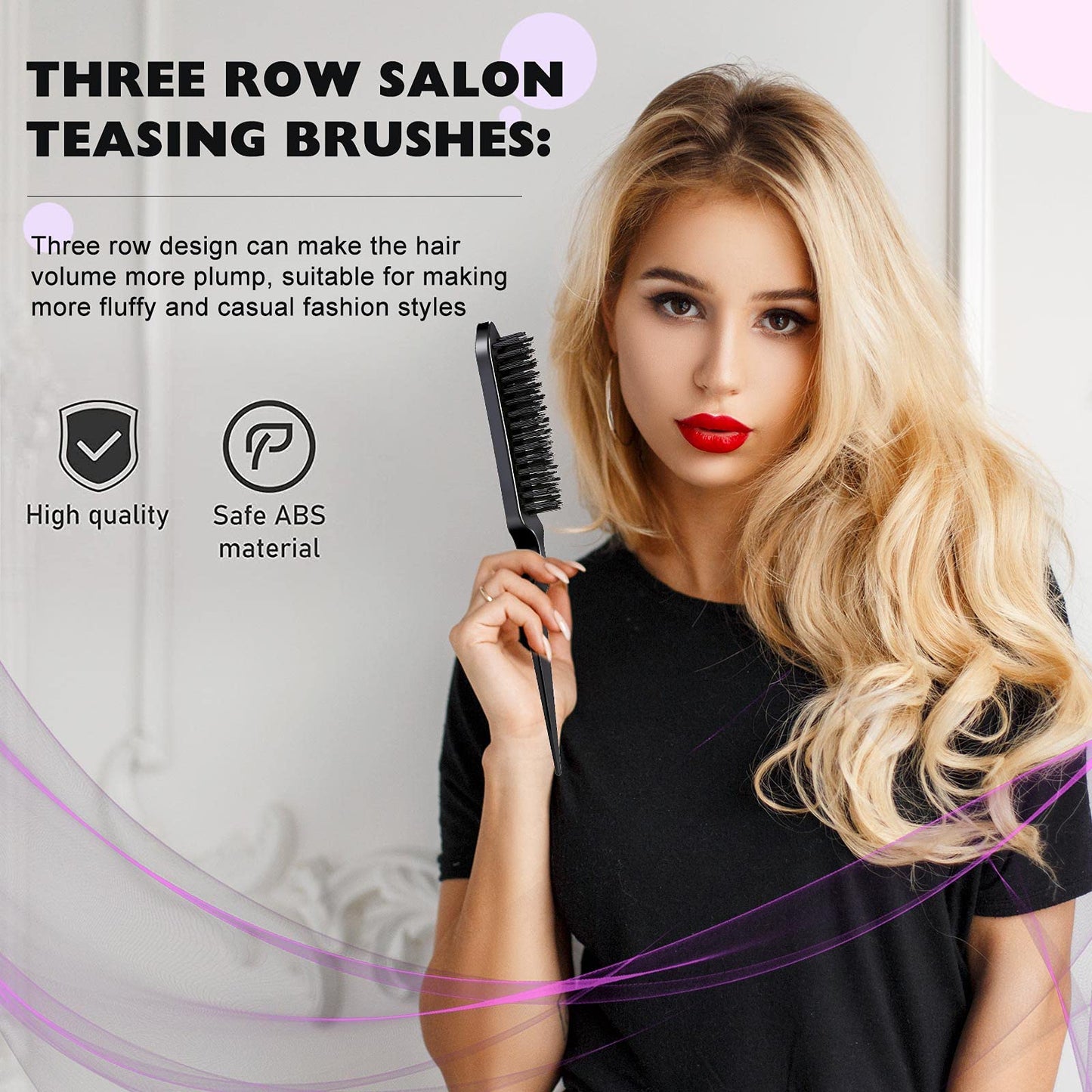 Remerry Hair Brush Set, 12 Pieces Nylon Brushes Including 3 Row Salon Teasing Brushes, Double Sided Edge Brush, Rat Tail Combs, Duckbill Clips