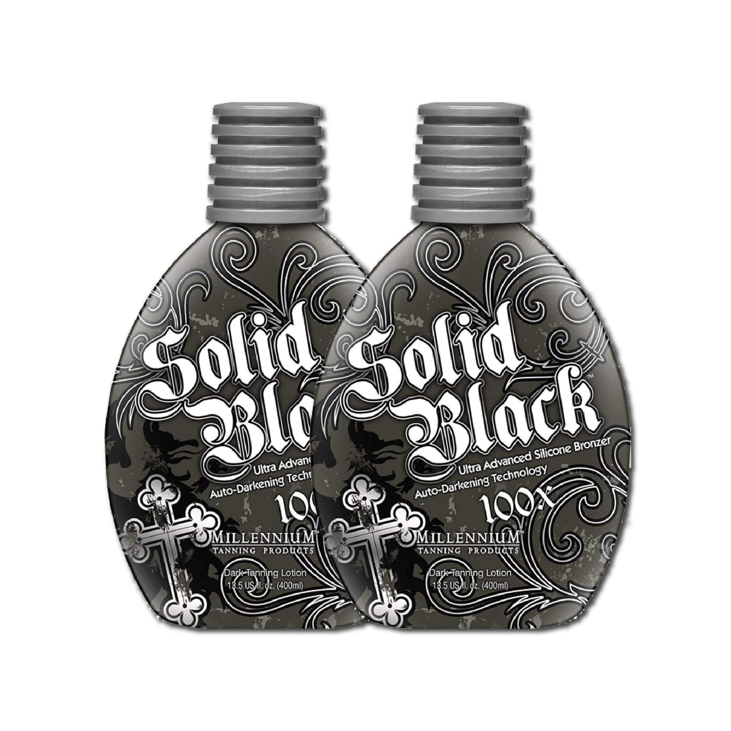 2 PACK Millennium Tanning SOLID BLACK 100X Dark Tanning Lotion Indoor Outdoor Tan Enhancing Silicone Bronzer Tanning Bed Lotion 13.5 Fl oz (400 ml)