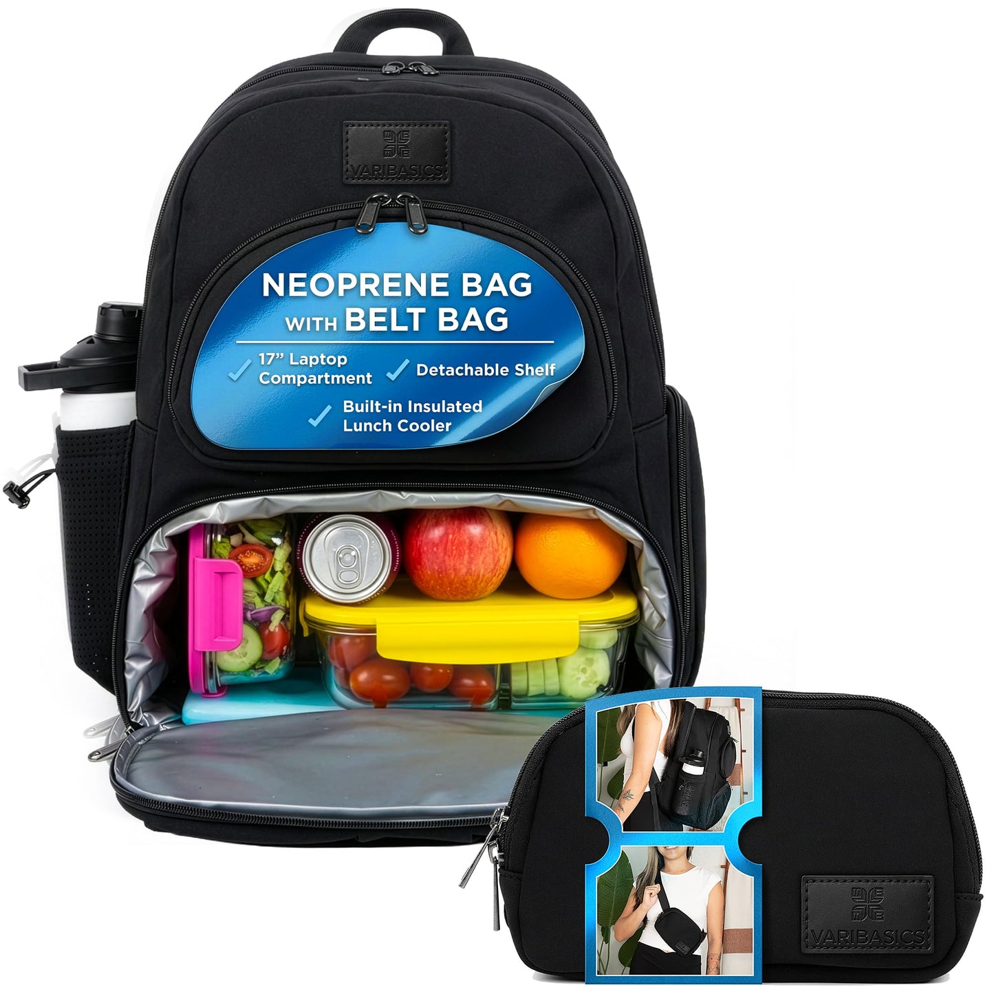Varibasics Alira - Women's Lunch Backpack with Cooler Compartment and Belt Bag, Premium Neoprene Bag with Insulated Waterproof Lining, Great for Work, School, Travel and Moms, Fits 17" Laptop - Black