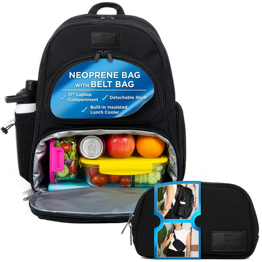 Varibasics Alira - Women's Lunch Backpack with Cooler Compartment and Belt Bag, Premium Neoprene Bag with Insulated Waterproof Lining, Great for Work, School, Travel and Moms, Fits 17" Laptop - Black