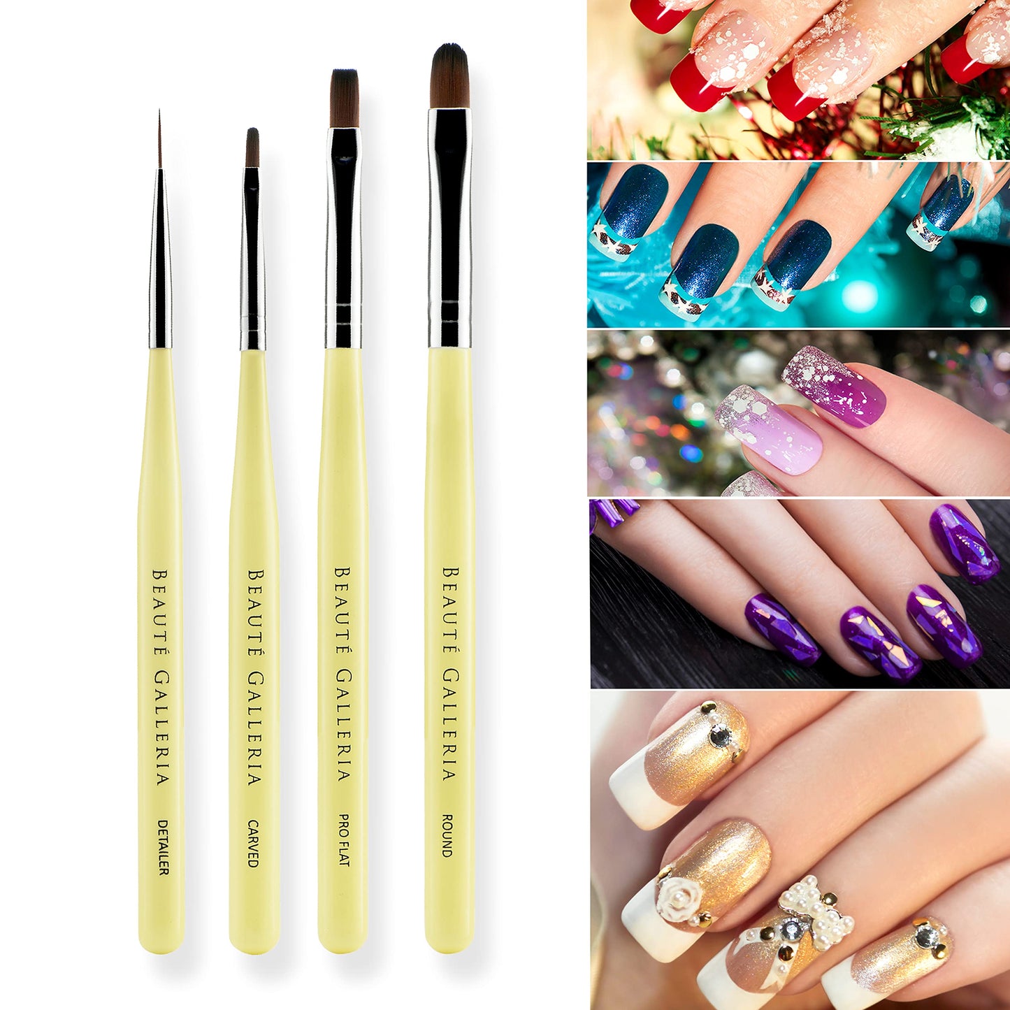 Beaute Galleria 4-Piece UV Gel Nail Art Brush Set - Pro Flat, Carved, Detailer, Round for Fine Line, Detailer, Outline, Striping, Polygel Nails, Gel