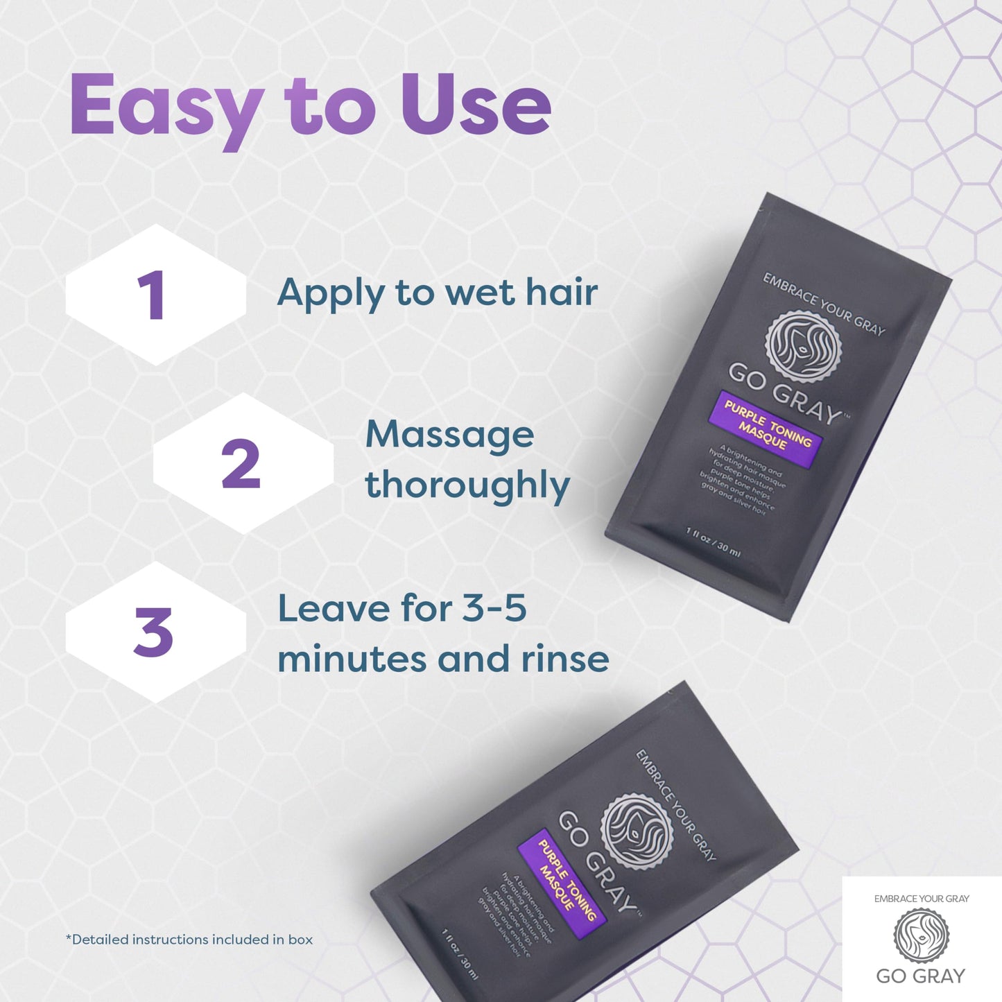 Go Gray Treatment System (Treat), Purple Toning Masque, 4 Packets, Purple Hair Mask Brightens, Tones, & Hydrates Gray and Silver Hair
