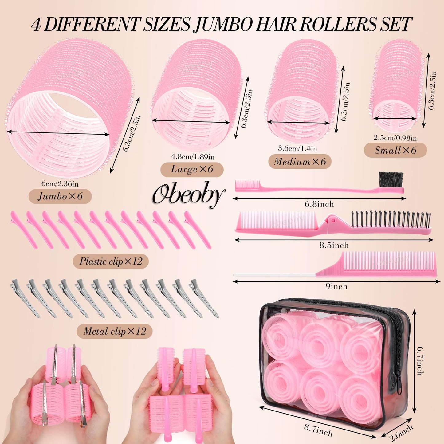 Obeoby 4 Sizes Hair Rollers for Women, Hair Curlers with Clips Comb Curlers for Long Short Curly Hair and Bangs (25, 36, 48, 60mm), Pink Mothers Day Beauty and Personal Care obeoby