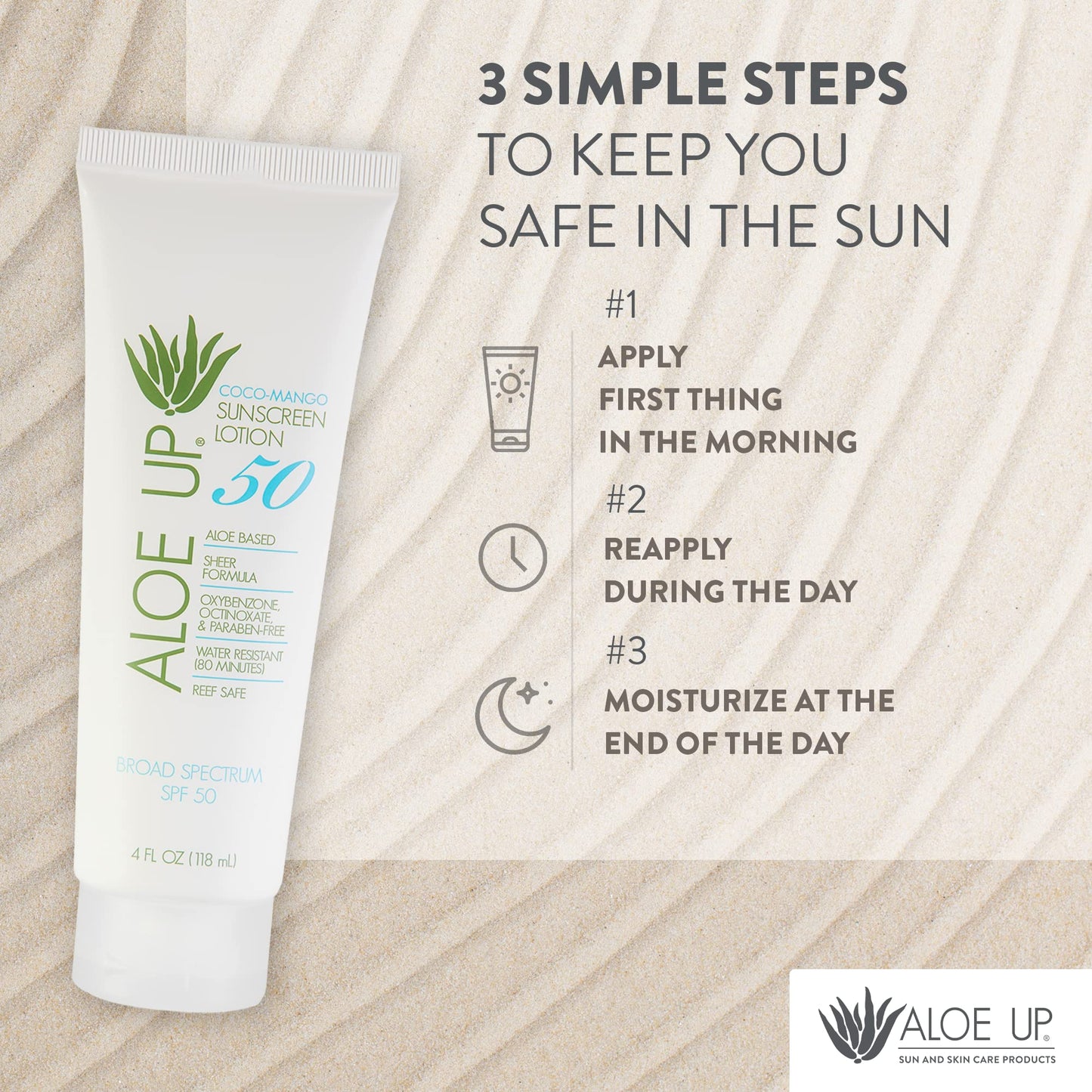 Aloe Up SPF 50 Sunscreen for Sensitive Skin – Broad Spectrum Face & Body Sunblock with Aloe Vera, Reef-Safe, Hydrating Coco-Mango, 4oz