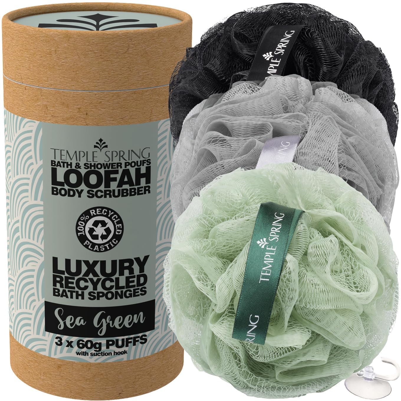 Temple Spring Recycled Luffa Sponges, Bathroom Shower Accessories, Loofa Bath Sponge, Exfoliating Body Scrubber Exfoliator Pouf, Shower Scrubber Puff