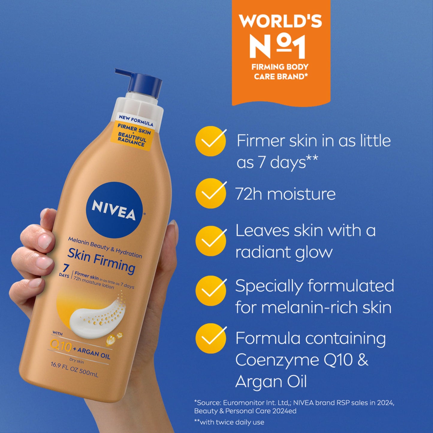 NIVEA Skin Firming Melanin Beauty & Hydration Body Lotion with Q10 and Argan Oil, Firmer Skin in as Little As Seven Days, 16.9 Fl Oz Pump Bottle