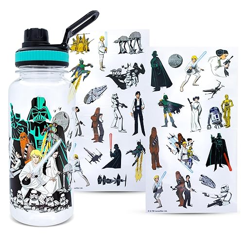 Star Wars Legacy Group Twist Spout Plastic Water Bottle Jug and Sticker Set For Personalizing | Holds 32 Ounces