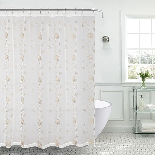 SERAFINA Decorative Sheer Fabric Shower Curtain: Two Toned Beige with Gold Embroidered Flowers and Metallic Threading (Beige/Gold), 70 x 72