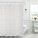 SERAFINA Decorative Sheer Fabric Shower Curtain: Two Toned Beige with Gold Embroidered Flowers and Metallic Threading (Beige/Gold), 70 x 72