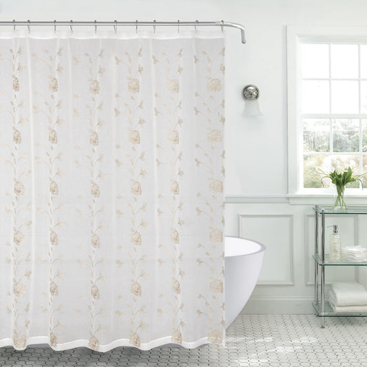 SERAFINA Decorative Sheer Fabric Shower Curtain: Two Toned Beige with Gold Embroidered Flowers and Metallic Threading (Beige/Gold), 70 x 72
