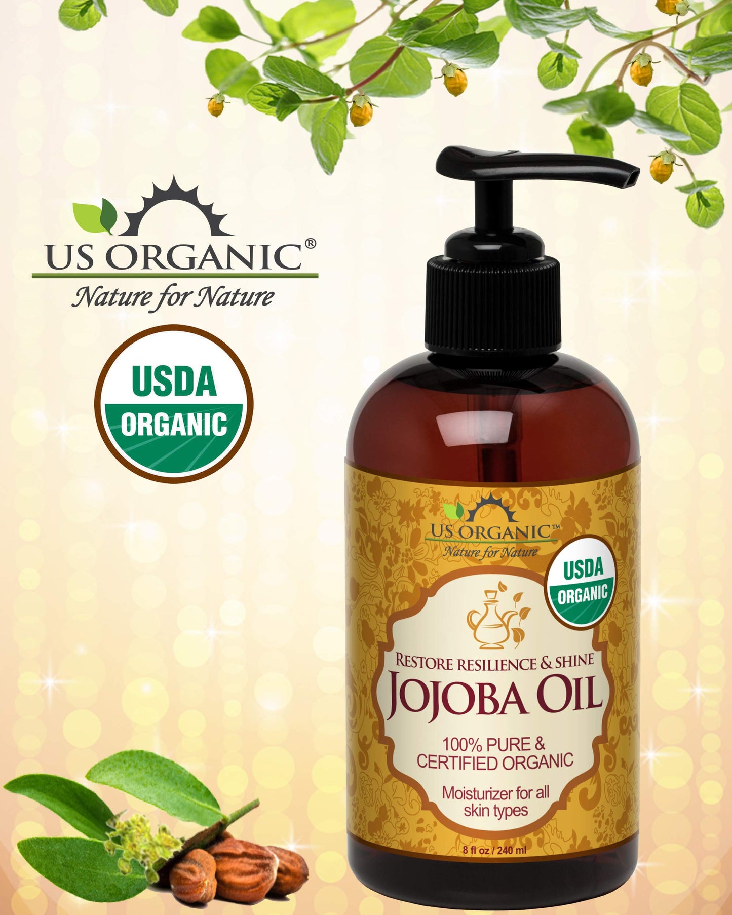 US Organic Jojoba Oil, USDA Certified Organic,100% Pure & Natural, Cold Pressed Virgin, Unrefined, Haxane Free, Sourced from Middle East directly