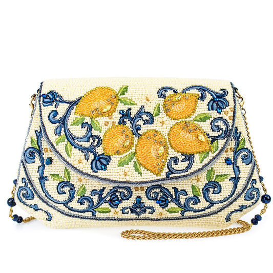 Mary Frances Capri Lemons Beaded Crossbody Handbag - Lemon Fruit Embroidered Evening Clutch Purse with Removable Chain Strap, Multicolor