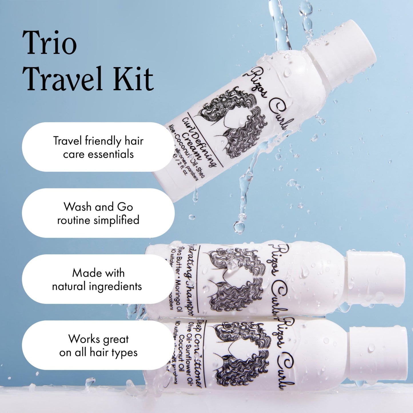 Rizos Curls Trio Travel Curl Kit, Includes Travel Hydrating Shampoo, Travel Deep Conditioner, Travel Curl Cream, Gently Cleanse, Hydrate and Style