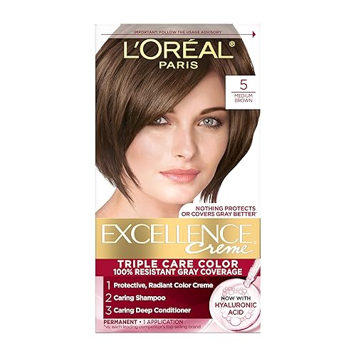 L'Oreal Paris Excellence Crème Permanent Hair Dye, Triple Care Hair Color with Hyaluronic Acid for 100% Gray Coverage, 5 Medium Brown, 1 Kit