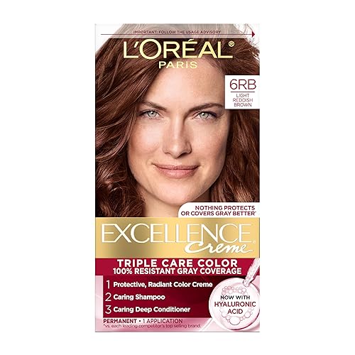 L'Oreal Paris Excellence Crème Permanent Hair Dye, Triple Care Hair Color with Hyaluronic Acid for 100% Gray Coverage, 6RB Light Reddish Brown, 1 Kit