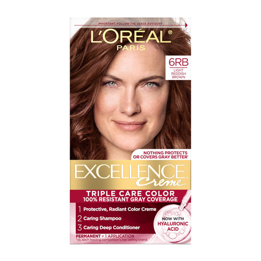 L'Oreal Paris Excellence Crème Permanent Hair Dye, Triple Care Hair Color with Hyaluronic Acid for 100% Gray Coverage, 6RB Light Reddish Brown, 1 Kit