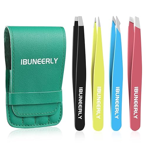 iBuneerly Eyebrows Tweezers Set, 4Pcs Stainless Steel Tweezers for Women with Travel Case, Great Precision for Ingrown Hair, Facial Hair and Splinter