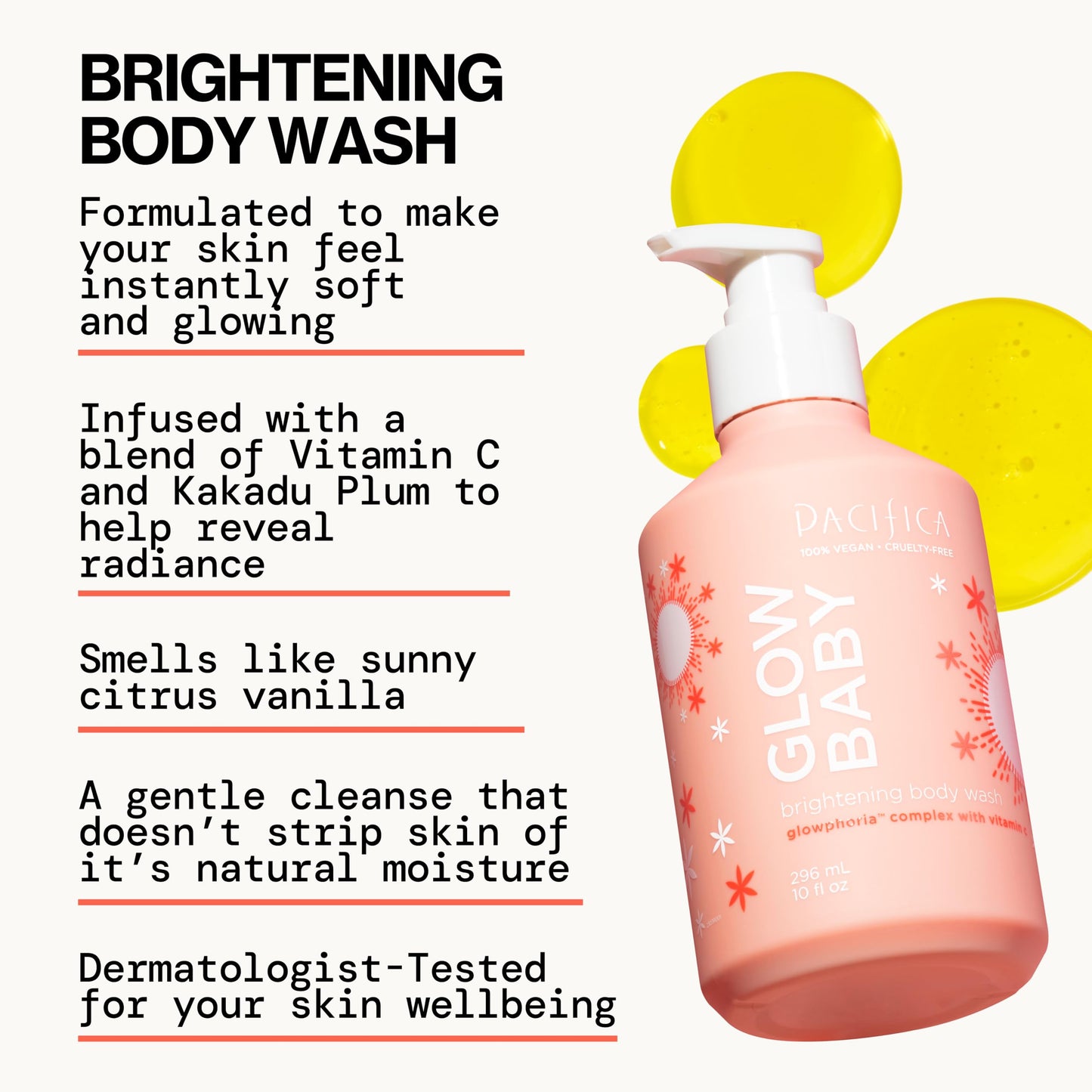 Pacifica Glow Baby Brightening Body Wash - Vitamin C & AHA Exfoliating Body Wash for Glowing Skin, Moisturizing Daily Shower Gel for Dull Dry Skin