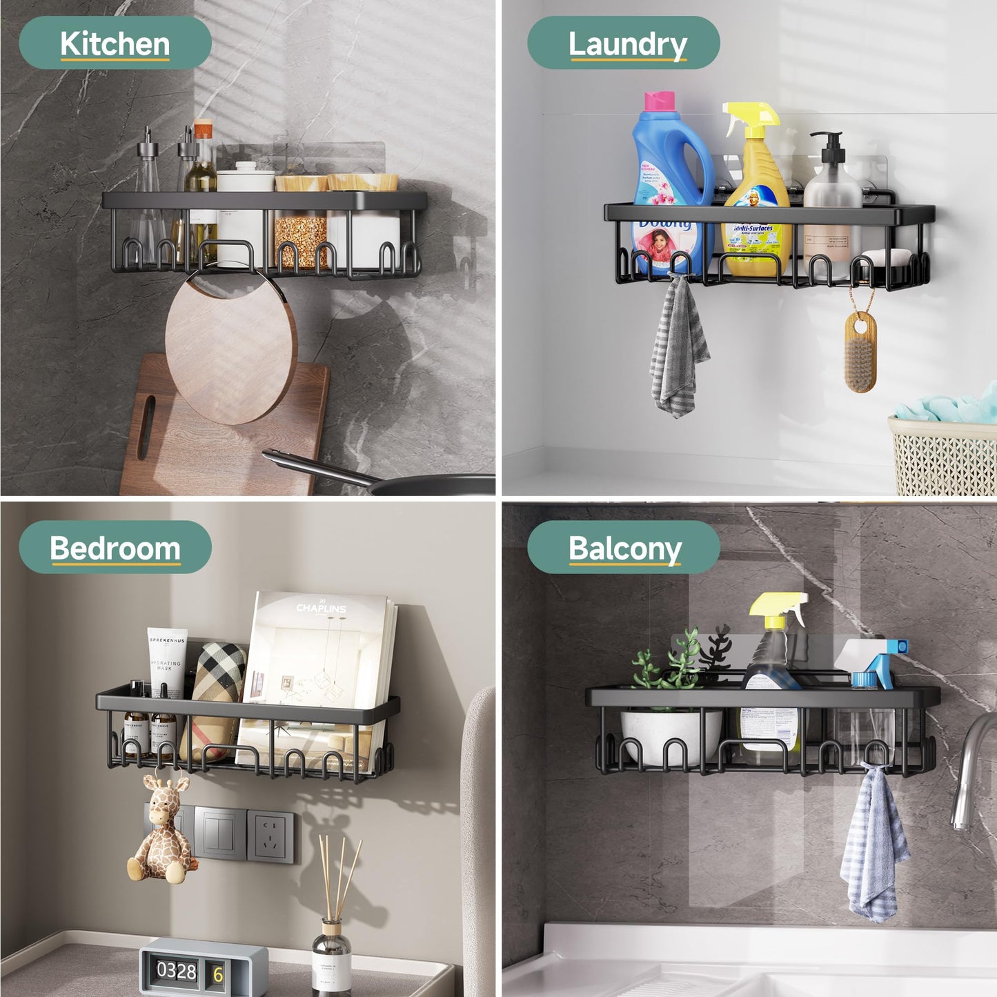 Veken 6-Pack Shower Caddy Set – Rustproof Adhesive Wall Shelves with Soap Holder, No Drilling, Large Capacity Bathroom Organizer