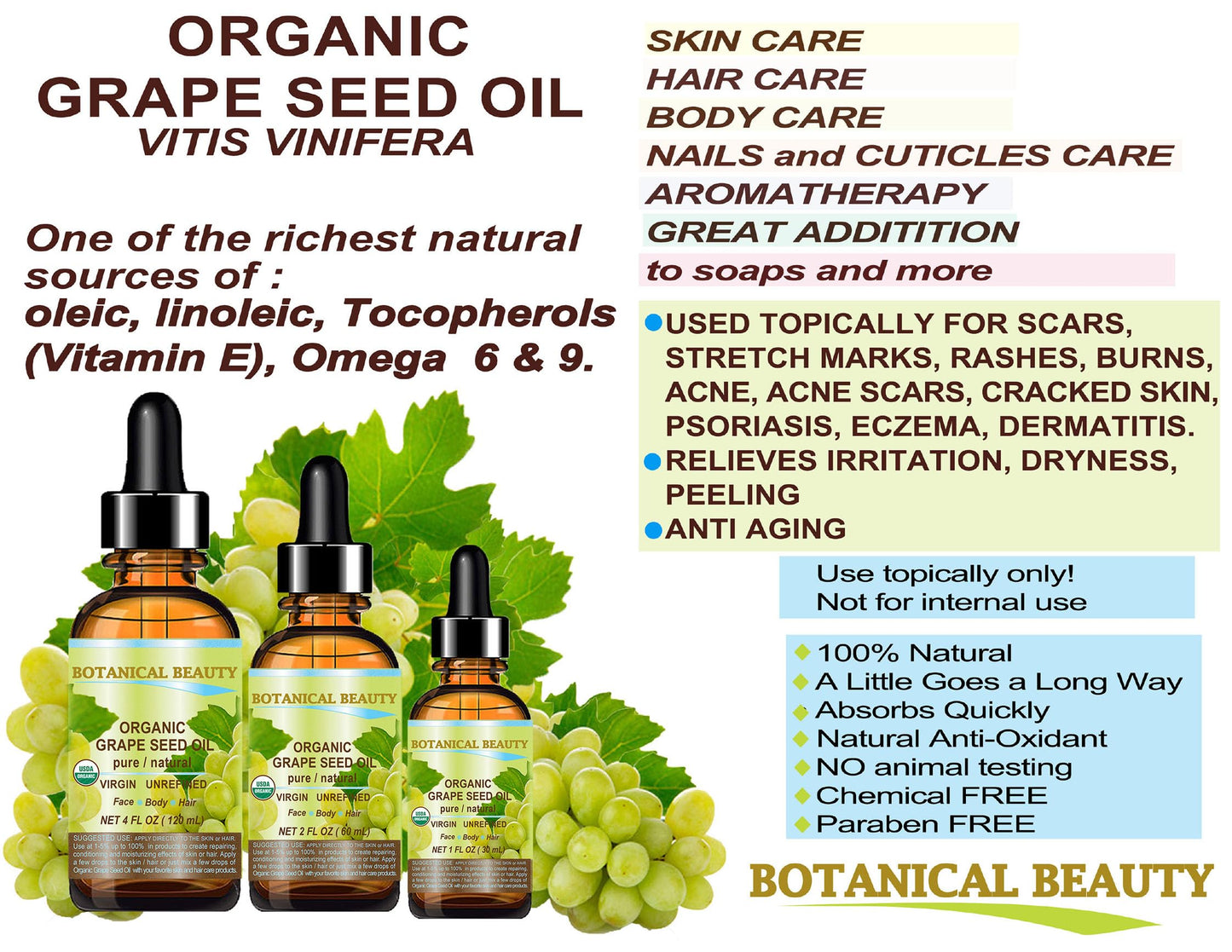 Botanical Beauty Organic GRAPE SEED OIL 100% Pure Natural VIRGIN UNREFINED Cold-Pressed Carrier Oil for Face, Skin, Body, Hair, Lip, Nails, Massage
