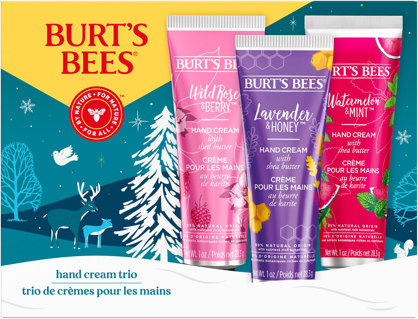 Burt's Bees Christmas Gifts, 3 Body Skincare Stocking Stuffers, Shea Butter Hand Cream Trio Set - Lavender Honey, Watermelon Mint & Wild Rose Berry