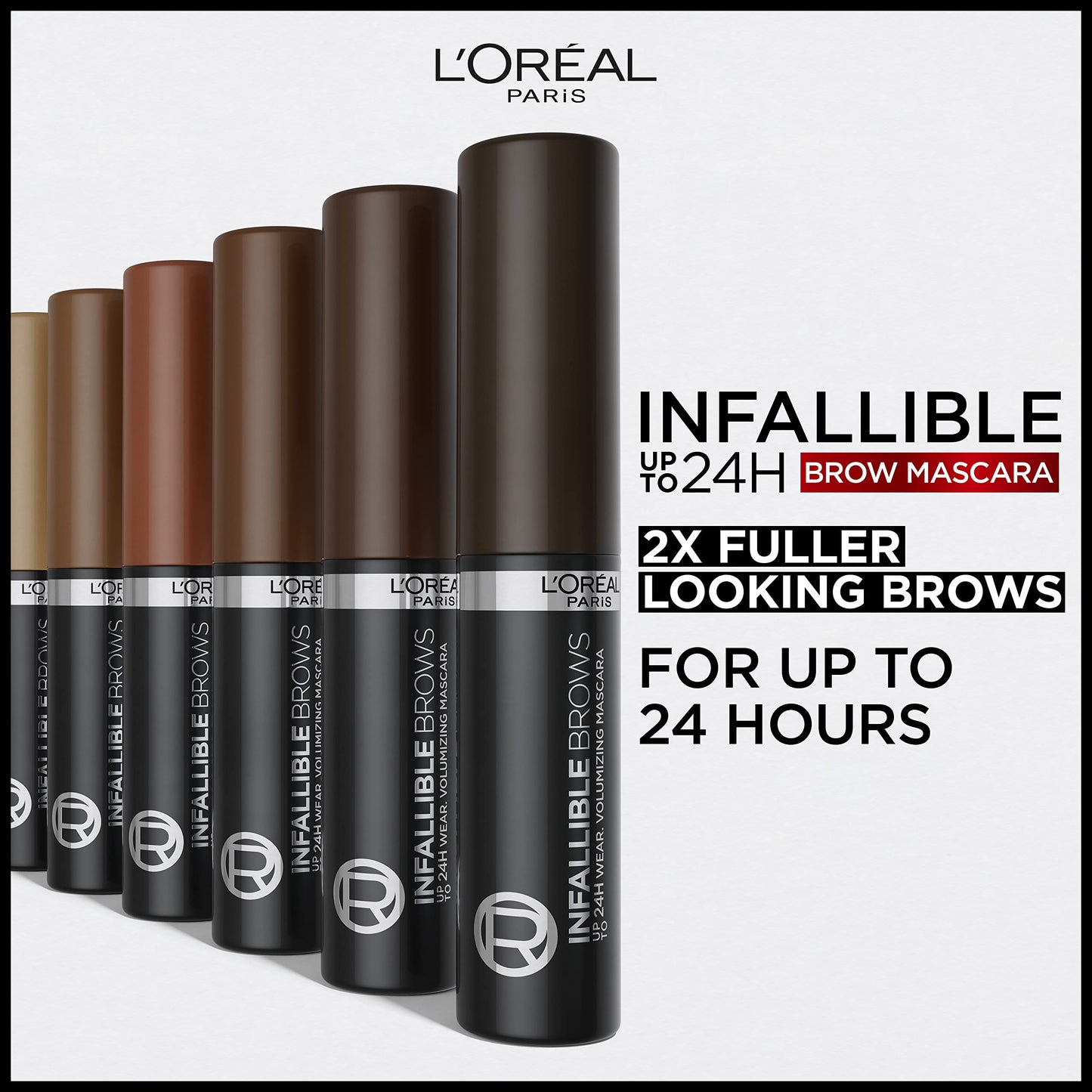 L'Oreal Paris Infallible Volumizing 24H Wear Brow Mascara, Long Lasting Eyebrow Makeup for 2X Fuller Eyebrows, 3.0 Soft Black, 0.13 Fl Oz