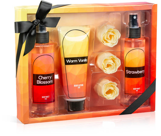 Fine Fragrance Body Mist & Body Splash Gift Set - Luxury Self-Care Combo for Women and Girls (Cherry Blossom, Strawberry, Warm Vanilla, Rose Soap) Beauty & Personal Care Freida and Joe
