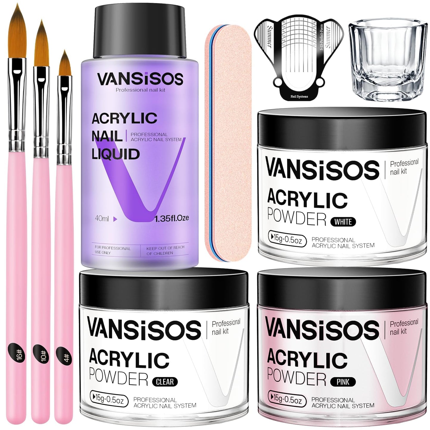 VANSISOS Acrylic Nail Kit for Beginners: Clear White Pink Powder and Liquid Set Professional Nails Kit Acrylic Set with Brushes for Home DIY Beauty and Personal Care VANSISOS Default Title