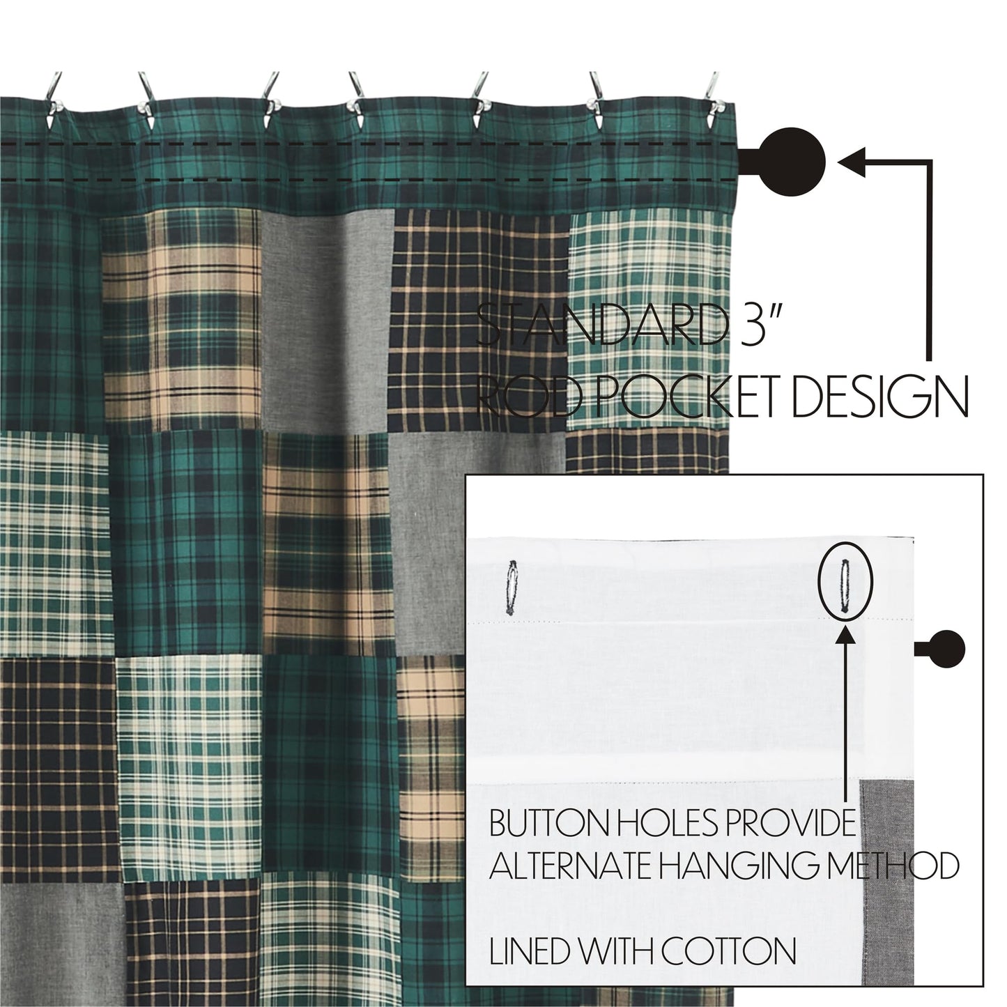 VHC Brands, Pine Grove Plaid Patchwork Shower Curtain, Green, 72x72