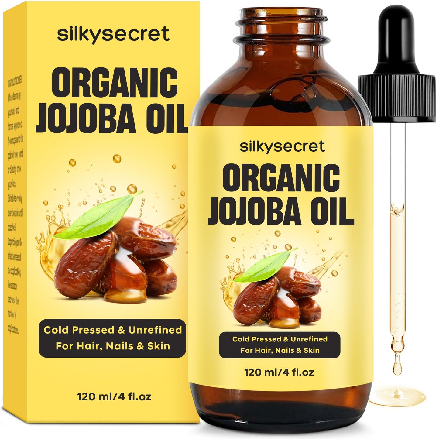 SilkySecret Organic Jojoba Oil, Natural Moisturizing and Conditioning Oil, Jojoba Oil for Hair Growth, Massage Oil, Cold Pressed Carrier Oil
