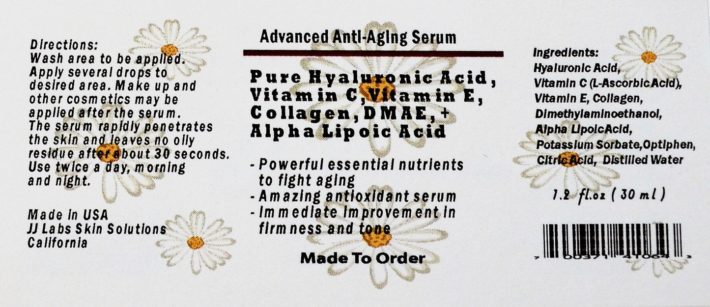 Advanced Anti-Aging Serum with Pure Hyaluronic Acid, Vitamin C, Vitamin E, Collagen, DMAE, and Alpha Lipoic Acid 1.2 oz Beauty & Personal Care JJ Labs Skin Solutions