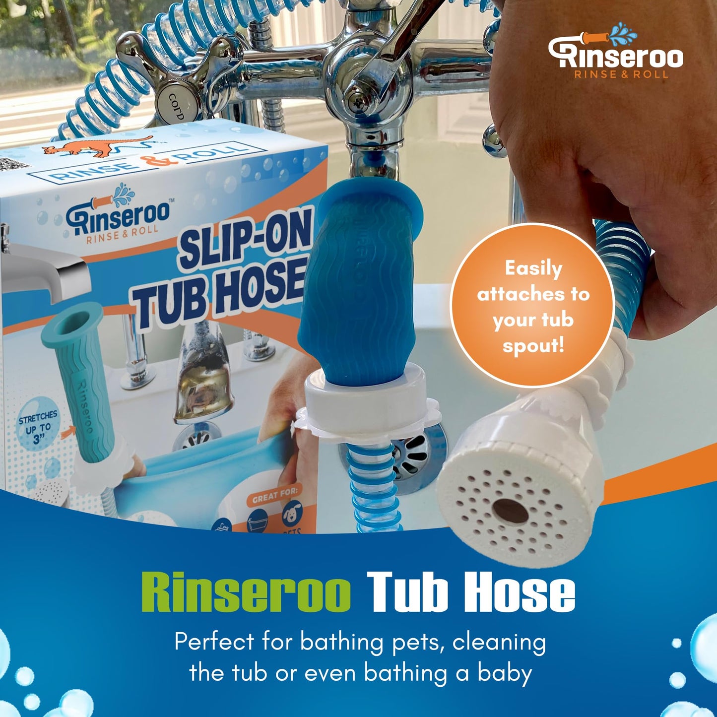 Rinseroo Slip-On Bathtub Faucet Sprayer Attachment – Ultra-Flex Dog Shower Adapter with Portable Pet Showerhead, 5-Foot Hose, No Installation, Fast & Easy Washing