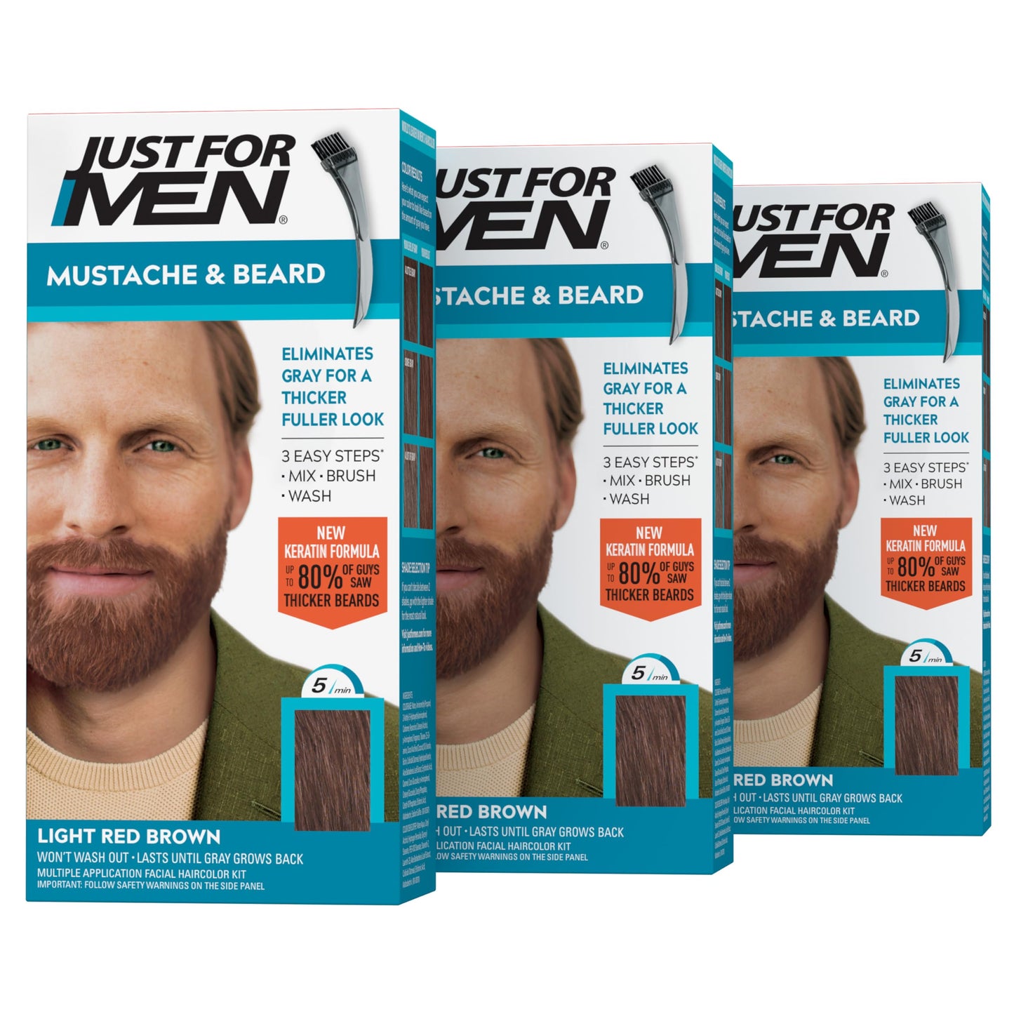 Just For Men Mustache & Beard, Beard Dye for Men with Brush, With Keratin Biotin Aloe and Coconut Oil for Healthy Facial Hair - Light Red Brown, M-27