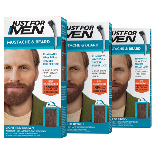 Just For Men Mustache & Beard, Beard Dye for Men with Brush, With Keratin Biotin Aloe and Coconut Oil for Healthy Facial Hair - Light Red Brown, M-27