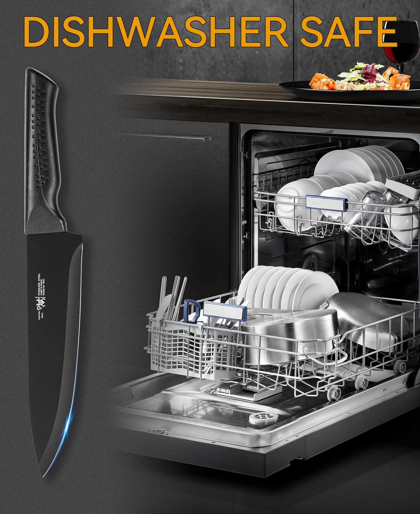 15-Piece Kitchen Knife Set with Block – Self-Sharpening, Dishwasher Safe, Anti-Slip Handles, Includes 6 Steak Knives, Black