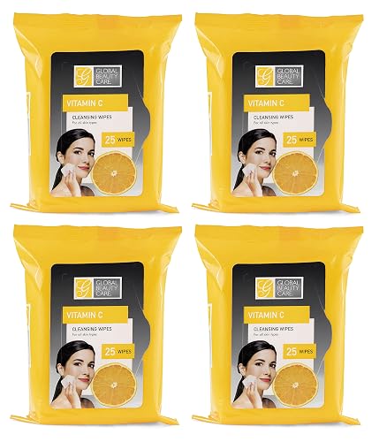Global Beauty Care Bulk Cleansing Wipes Premoistened 4 Pack of Vitamin C Cleansing Cloths Makeup Removal Wipes - Great For Travel Toiletries - 100