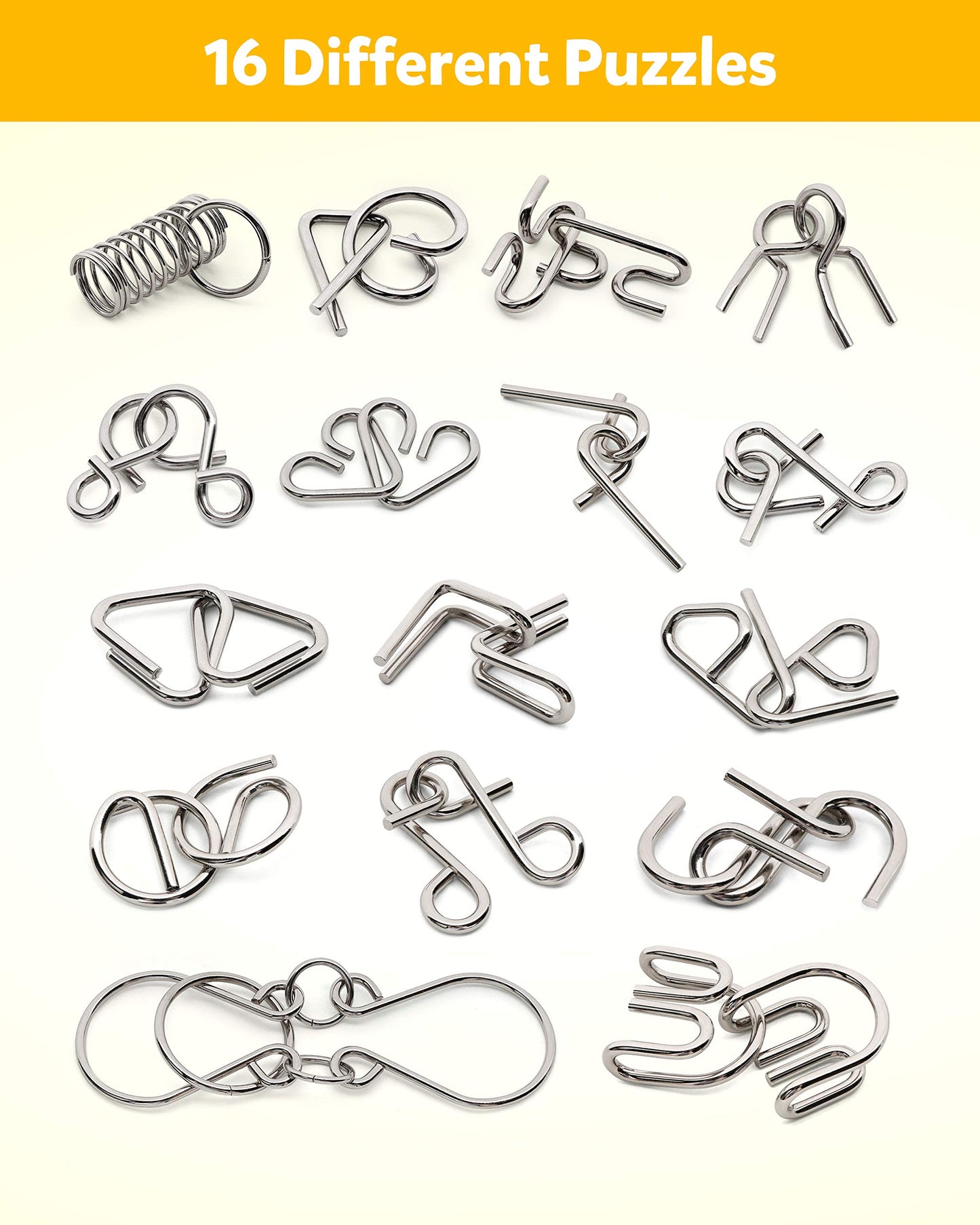 Coogam Metal Wire Puzzle Set – 16 Brain Teasers with Pouch, IQ Test Disentanglement, Interlock & Unlock Game, Magic Trick Toy for Kids & Adults