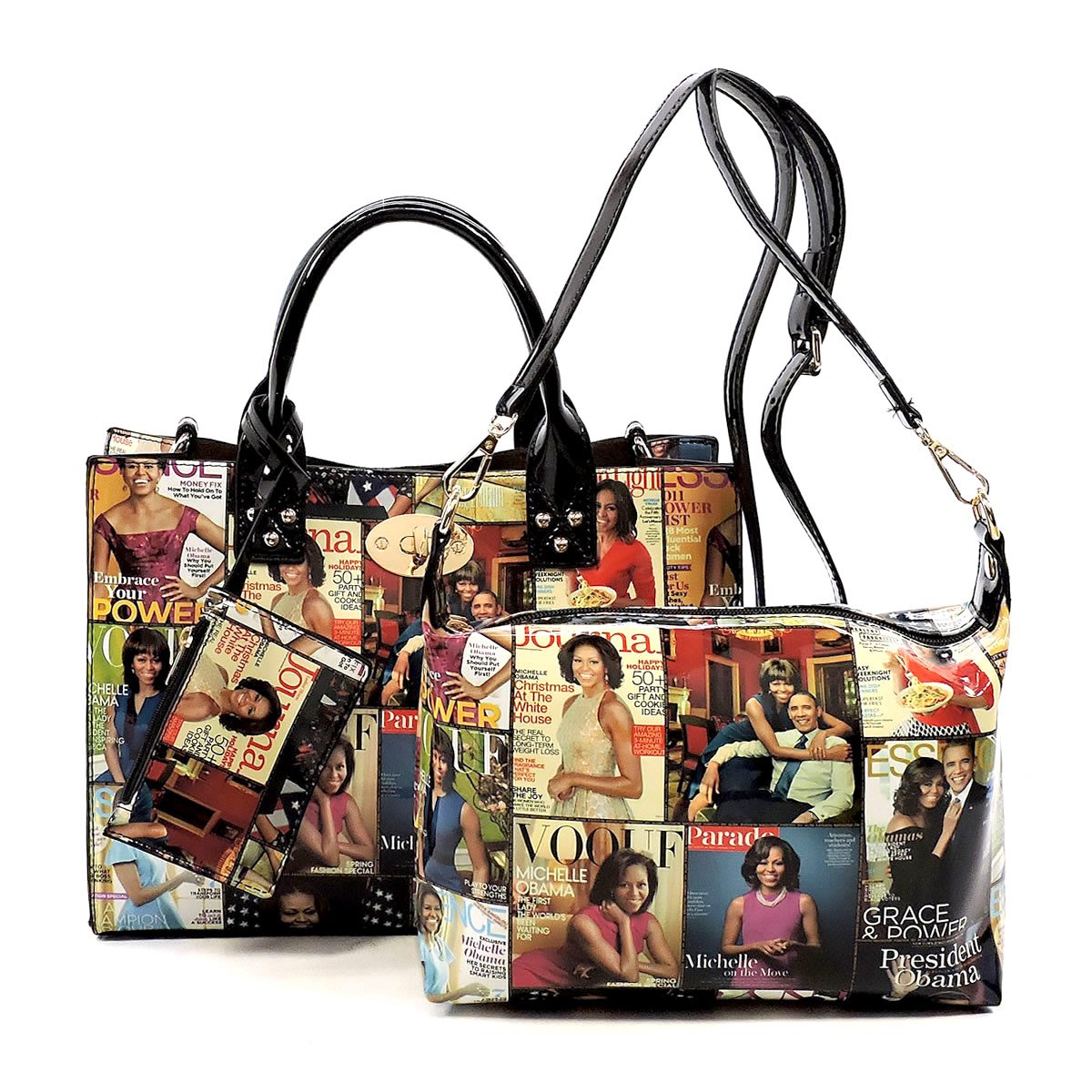 AMY&JOEY Glossy magazine cover collage crossbody bag purses Michelle Obama mini handbag (MULTI/BLACK)